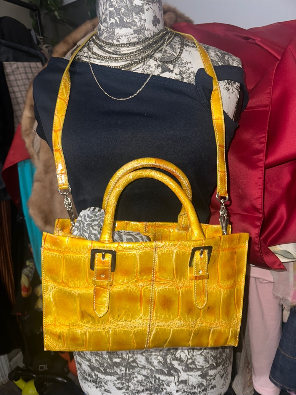 Yellow Croc-Embossed Tote Handbag with Removable Strap Italian leather NWT